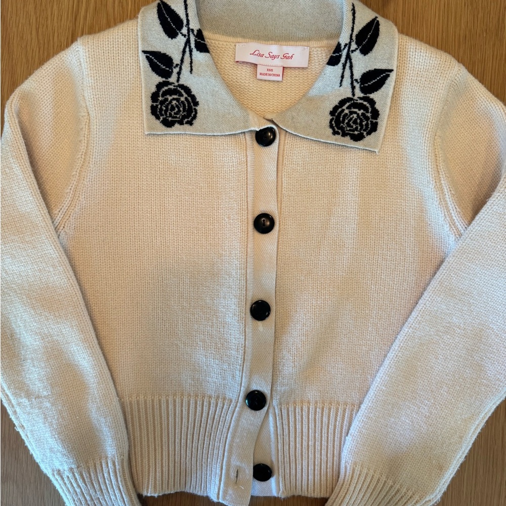 Lisa Says Gah Cream Cardigan with Black Floral Collar - Picture 5 of 5